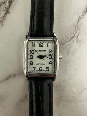 3/$30 Miykon Watch Women Silver Tone White Dial Black Leather Band New Battery